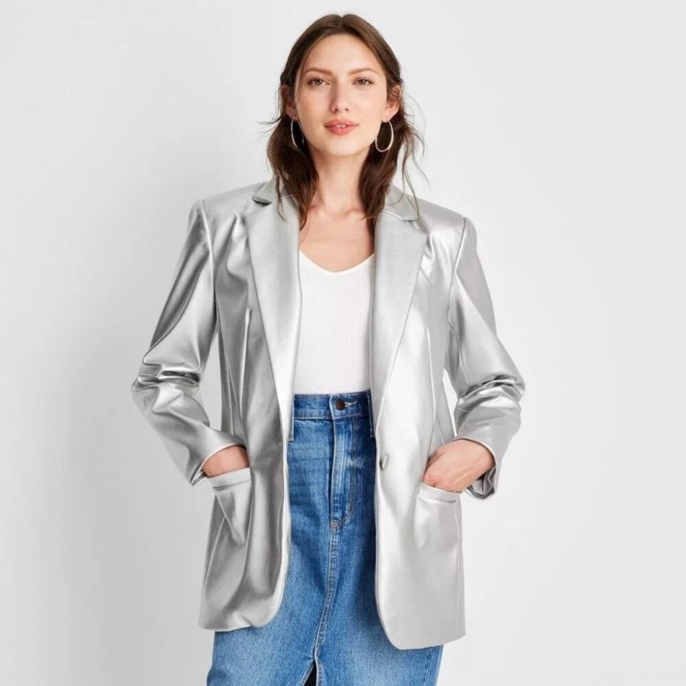 A New Day Silver Metallic Womens Blazer Jacket Faux Leather XL